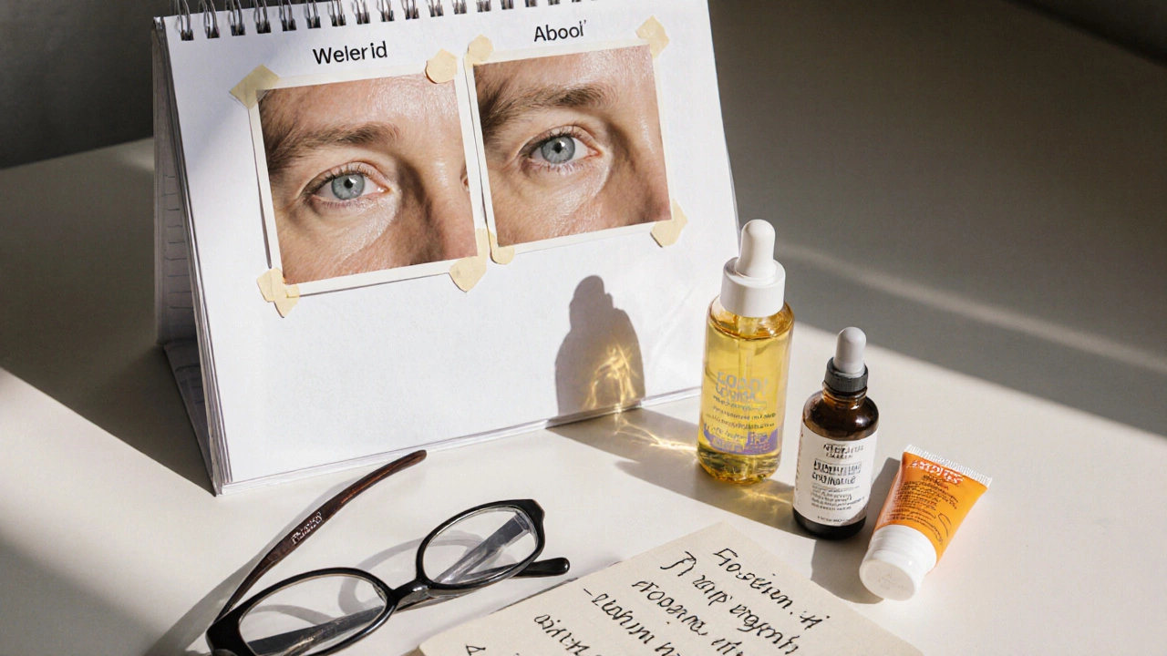 Календарь с фото до и после, рядом — уход с маслом шиповника, сывороткой и солнцезащитным кремом.