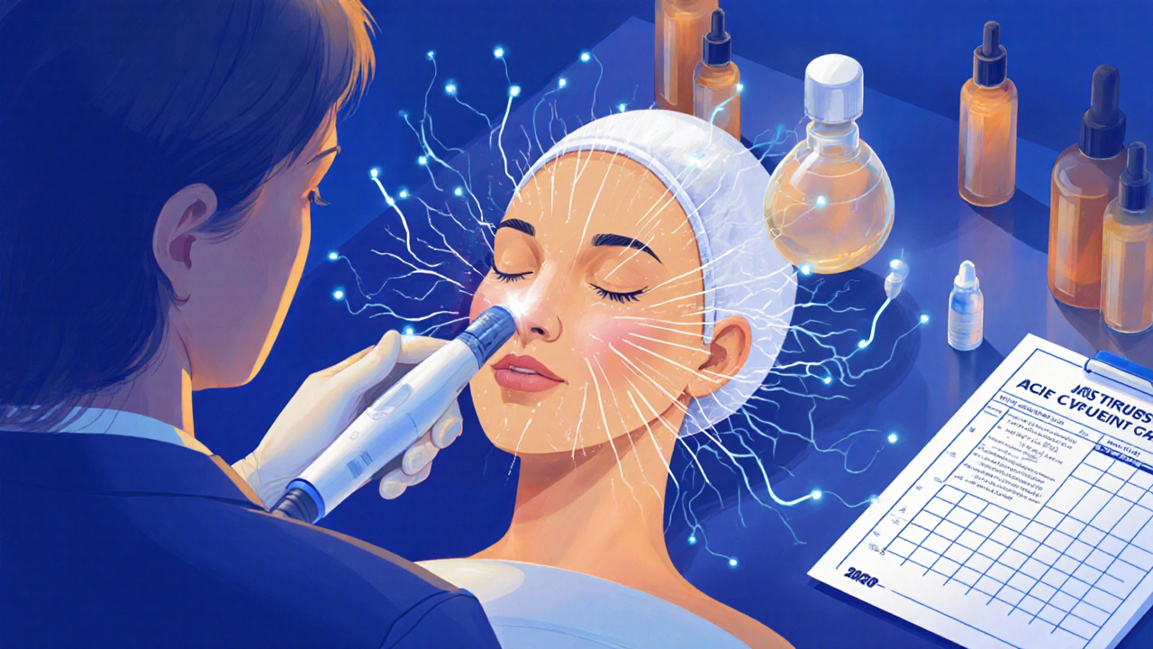 Косметолог использует ультразвук, микротоки и ионофорез для глубокого воздействия на кожу лица.