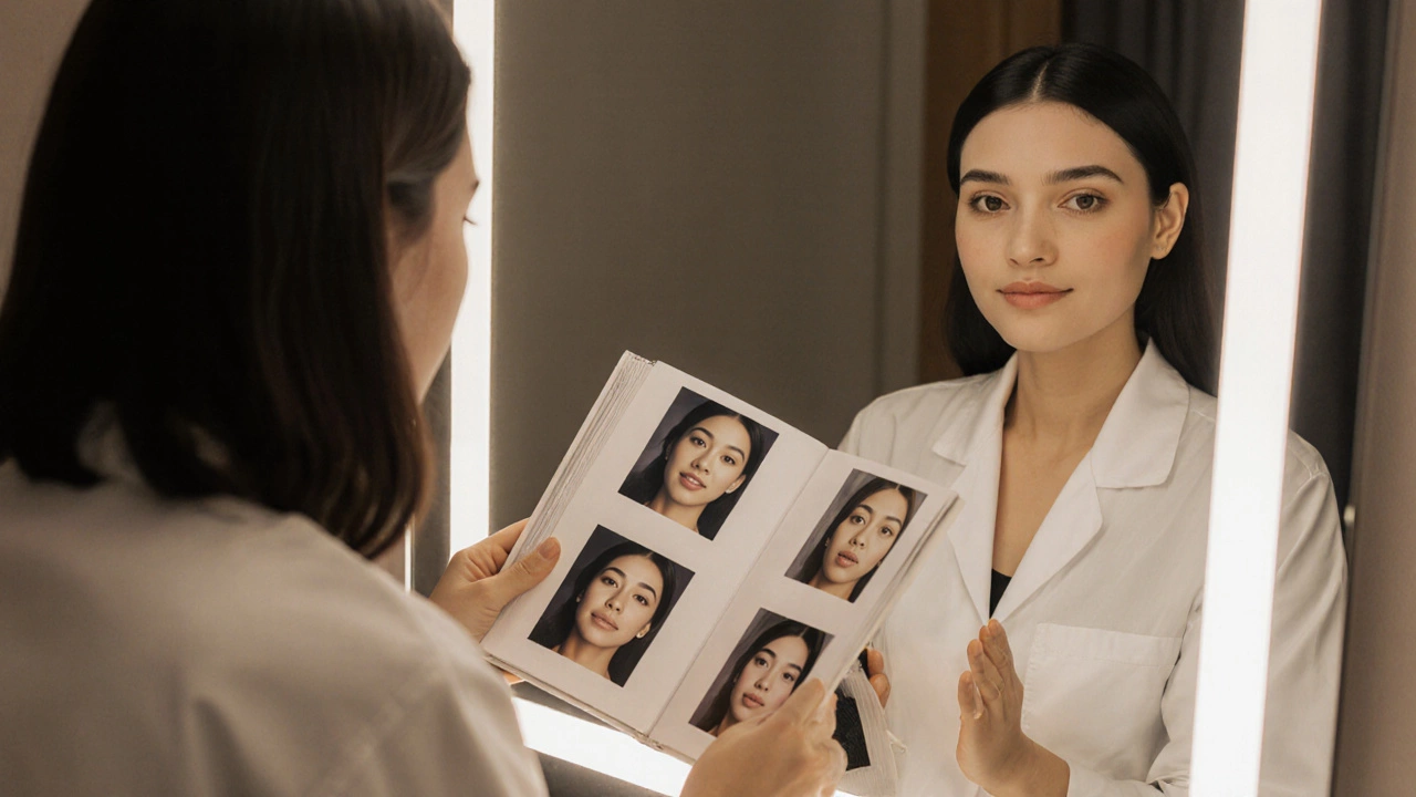 Косметолог показывает клиенту фото до и после процедуры, подчеркивая связь состояния кожи и внутреннего здоровья.