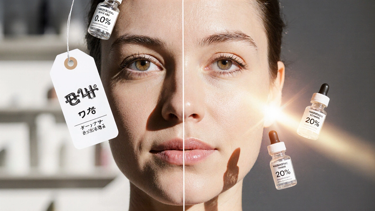 Лицо женщины пополам: одна сторона со морщинами и высокой ценой, другая — сияющая с тремя флаконами активов.