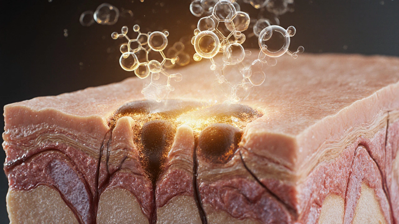 Схематичное изображение кожи с клетками, снижающими выработку меланина под действием антиоксидантов.