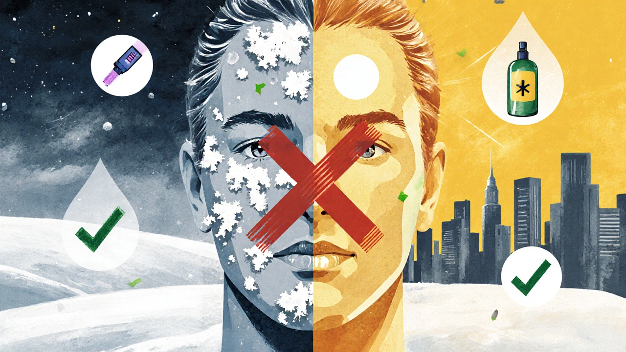 Сравнение зимнего и летнего воздействия УФ-излучения на кожу с символами процедур и запретов.