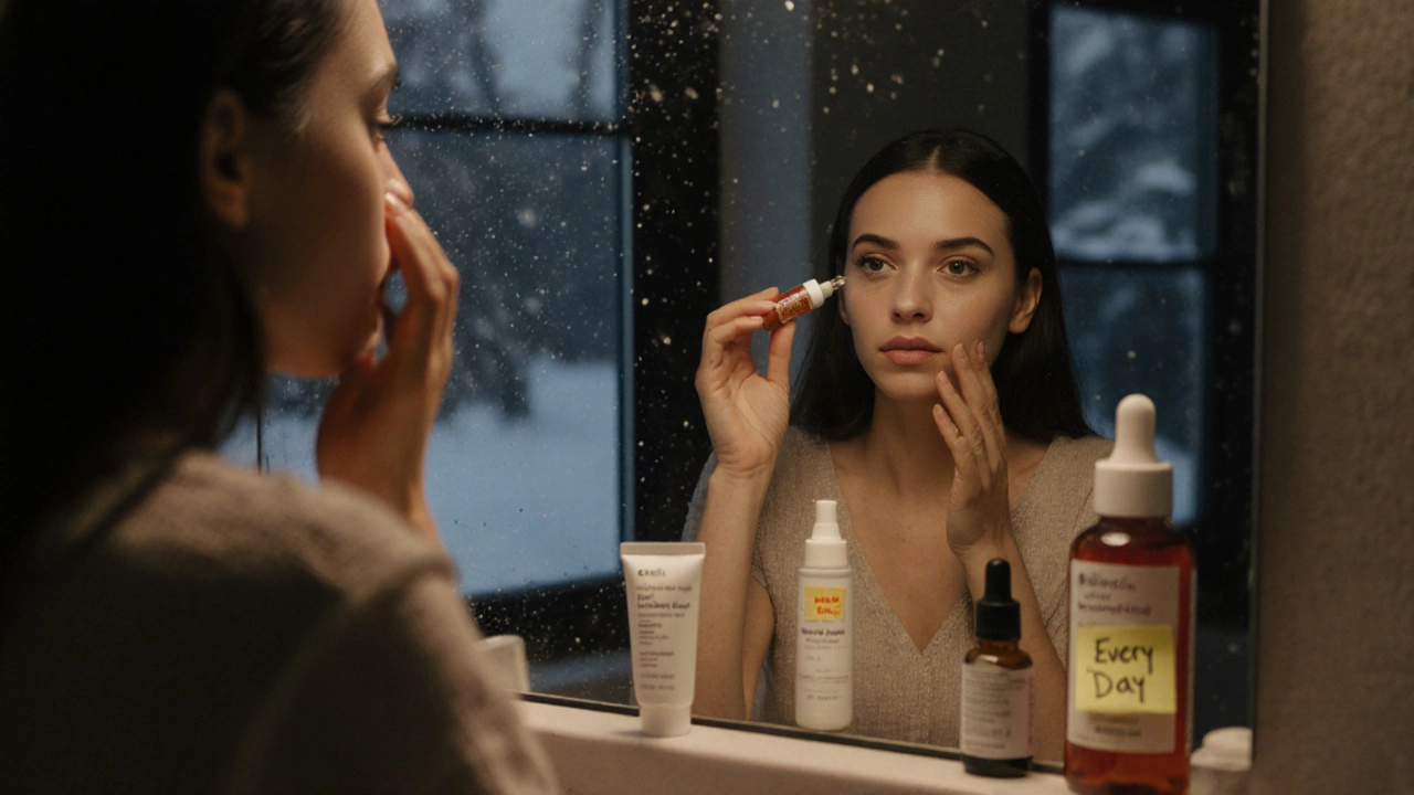 Женщина наносит сыворотку с витамином С вечером, за окном снег, на столе — средства против пигментации.