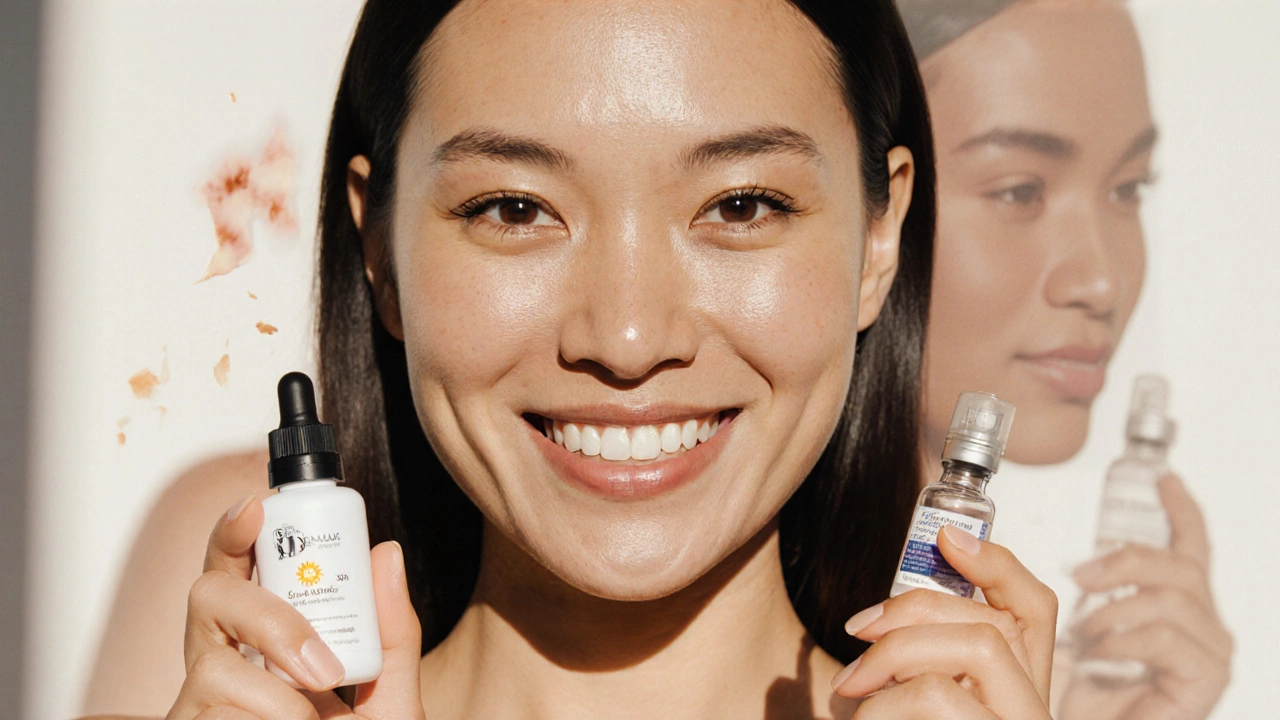 Женщина с равномерной светлой кожей смотрит в камеру, держа солнцезащитный крем и ампулу с инъекцией.