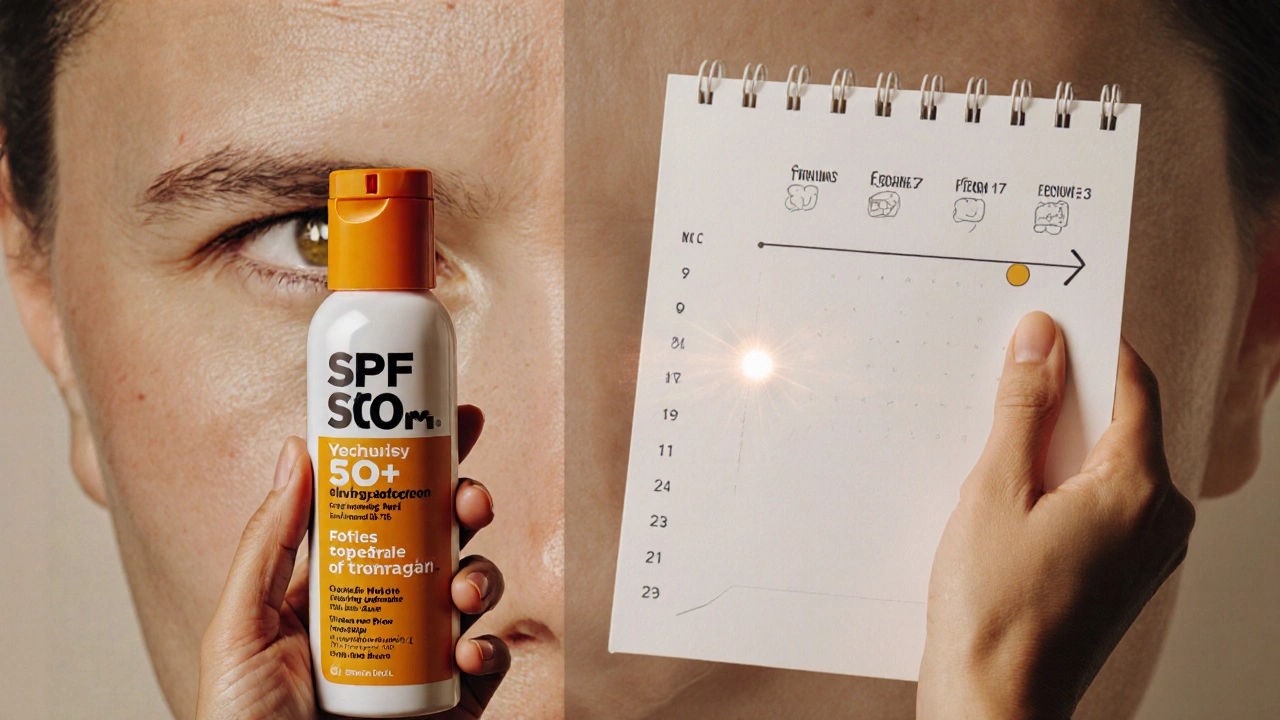 Бутылка солнцезащитного крема и календарь с пометками — уход за кожей после лазерной процедуры.