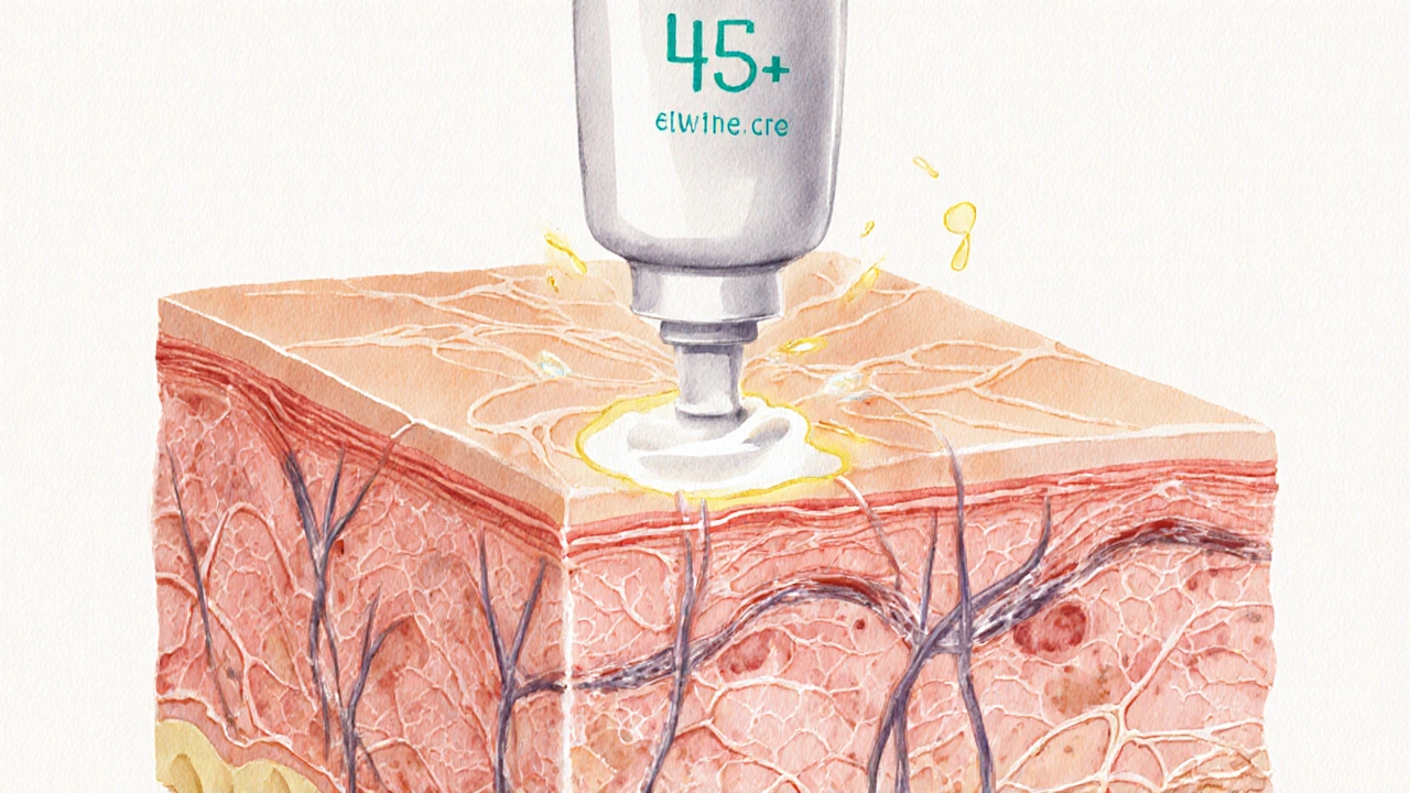 Две слоя кожи: молодой и стареющий, соединенные потоком активных компонентов из крема.