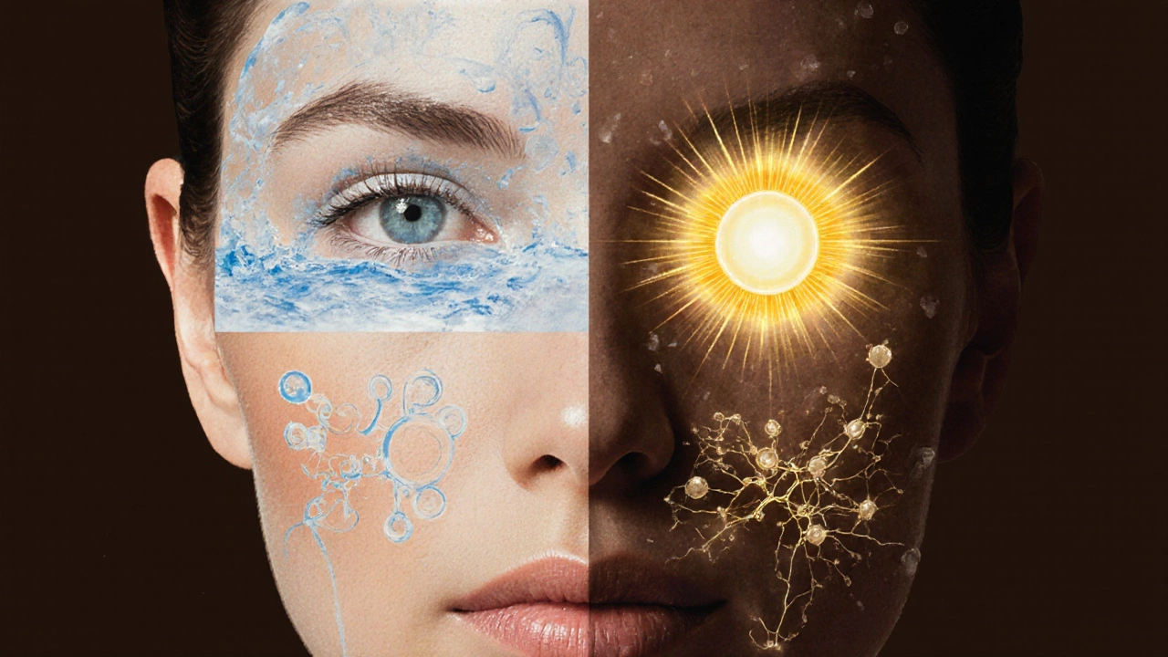 Иллюстрация четырёх принципов ухода за кожей после 55: очищение, увлажнение, SPF и ретинол.