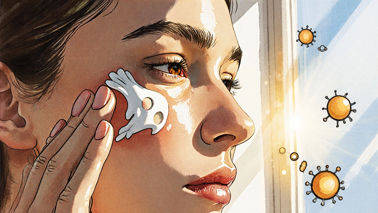 Лицо женщины утром, одна половина освещена солнцем с кремом SPF, вторая в тени, вокруг — молекулы защиты кожи.