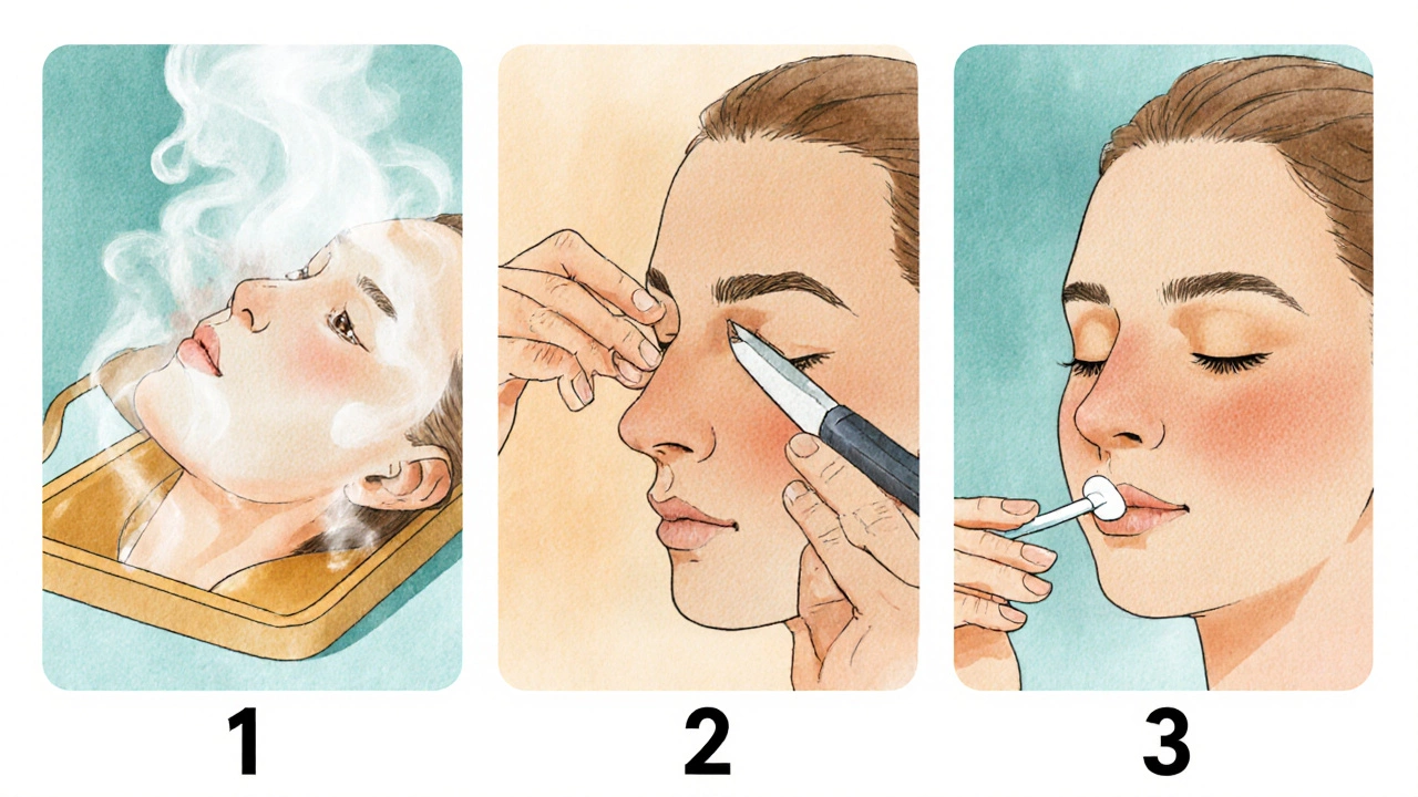 Пошаговая визуализация профессиональной чистки лица: пар, удаление, уход.