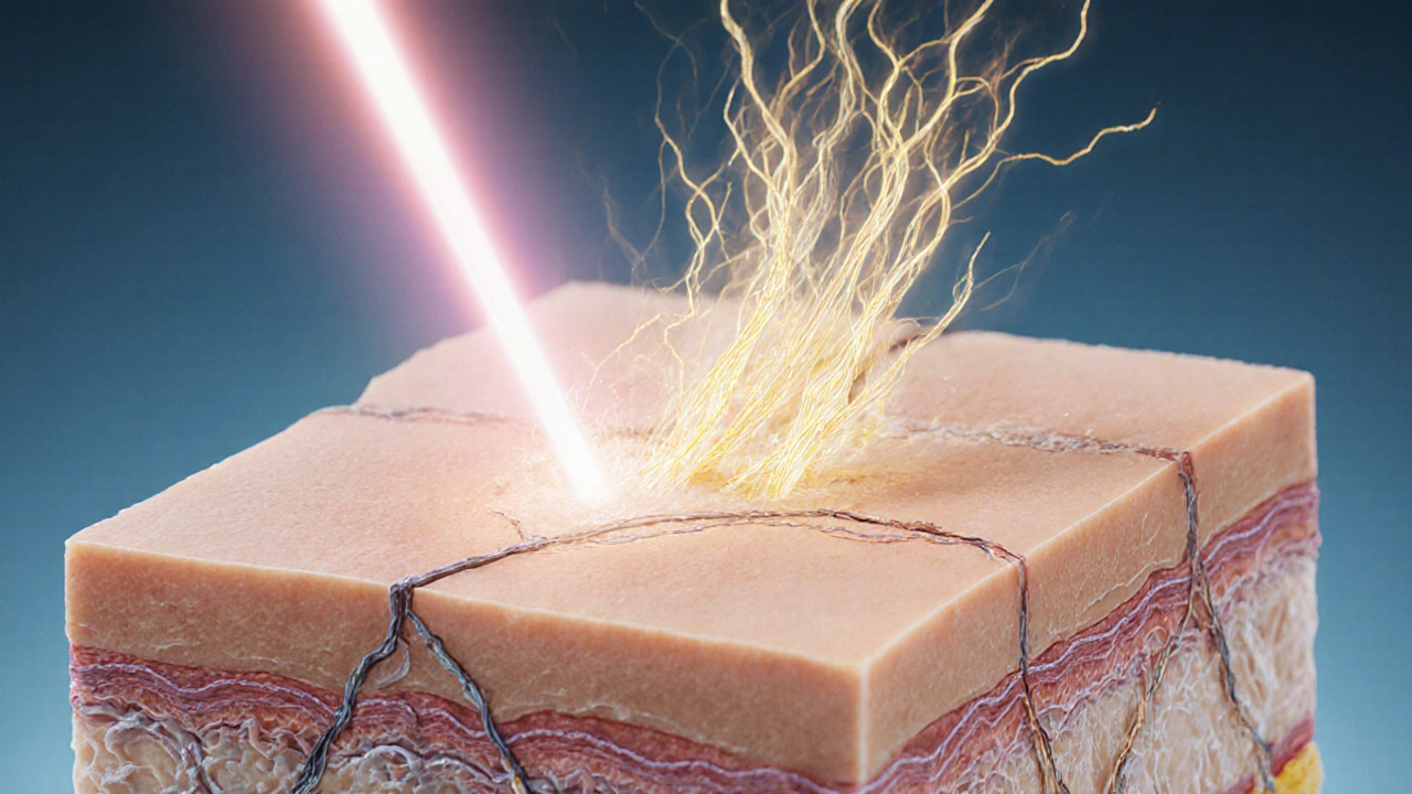 Разрез кожи: лазерный луч стимулирует выработку коллагена и эластина в дерме.