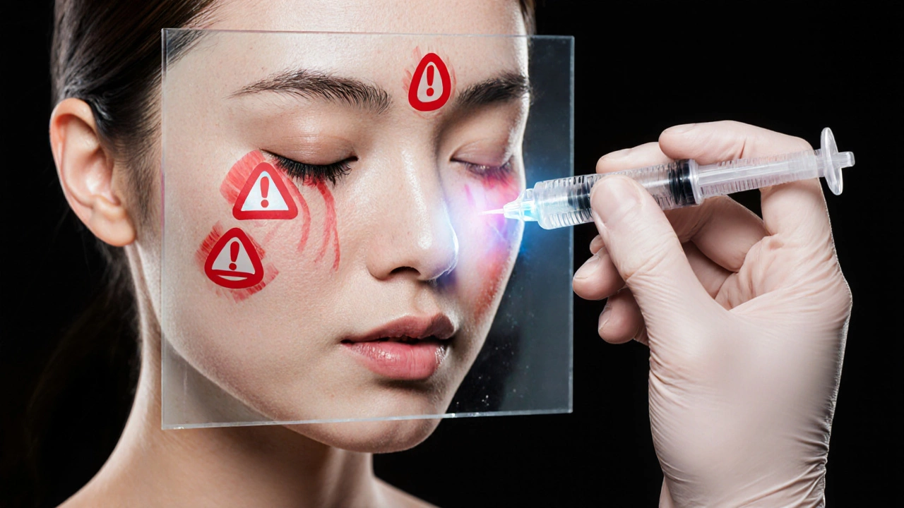 Рука косметолога первого разряда вводит филлер в зону риска на лице.