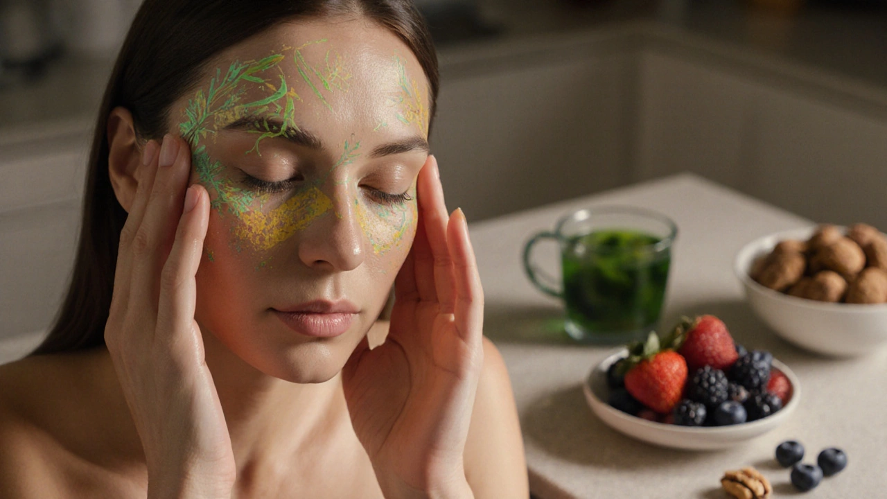 Рука массирует лицо маслом, на заднем плане — ягоды, зеленый чай и орехи, кожа с естественным сиянием.