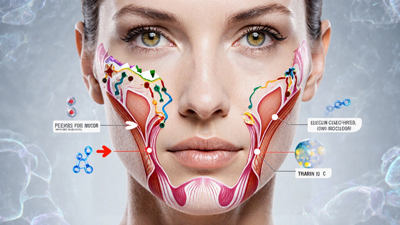 Схема кожи после 40: снижение коллагена, атрофия мышц и действие активных ингредиентов.