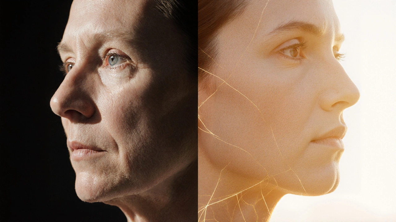 Сравнение до и после лифтинга: одна половина лица провисшая, другая — подтянутая и сияющая.