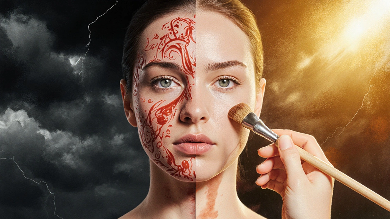 Сравнение воспаленной кожи с темными пятнами и здоровой кожи, лечимой успокаивающими компонентами.