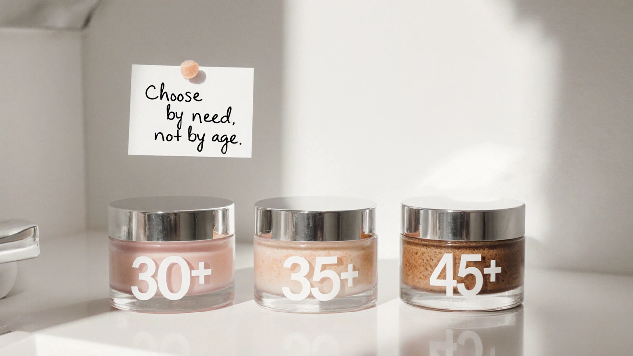Три баночки с кремами для разных возрастов на фоне натурального света, с надписью &#039;выбирайте по потребностям&#039;.