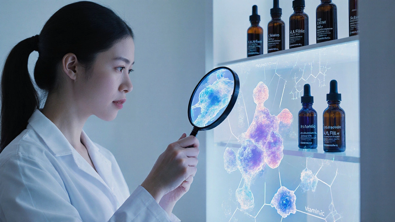 Учёный рассматривает молекулы ретинола и витамина С на экране, на полках тёмные флаконы с сыворотками.