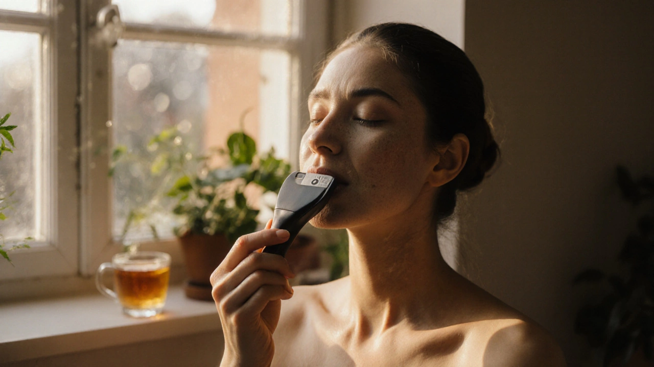 Женщина делает массаж гуаша на лице, кожа блестит от масла, мягкий свет утра.