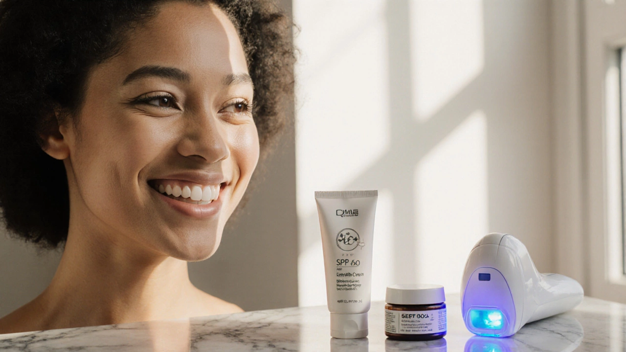 Женщина с гладкой кожей на фоне окна, рядом — солнцезащитный крем, крем с ретинолом и лазерное устройство, естественный свет.