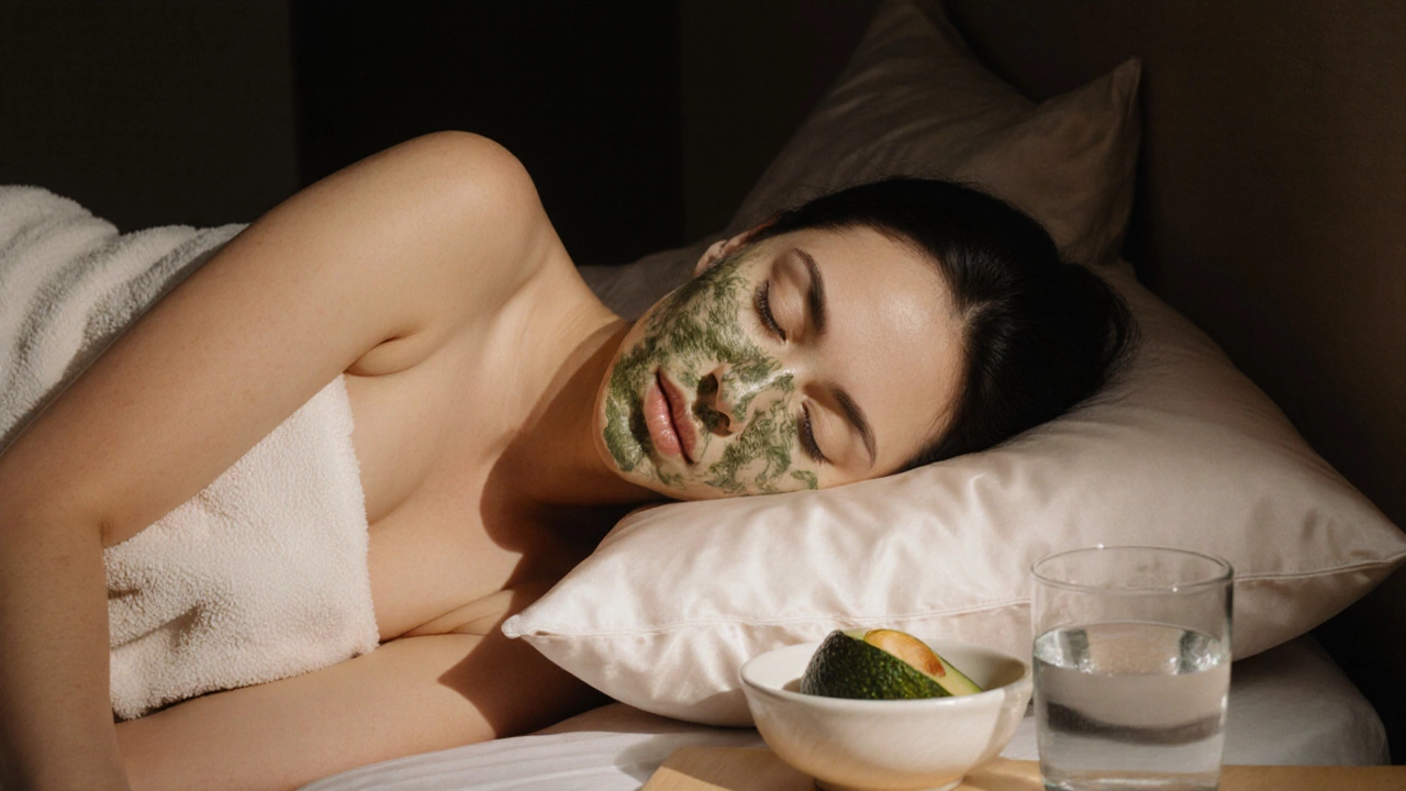 Женщина спит на спине на шёлковой подушке, на щеках — тёплый компресс, рядом стакан воды.