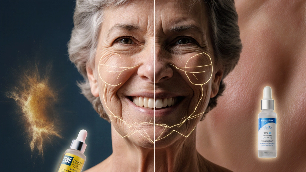 Женщина в 50 лет с подтянутым лицом, за спиной — контраст старения и восстановления кожи.