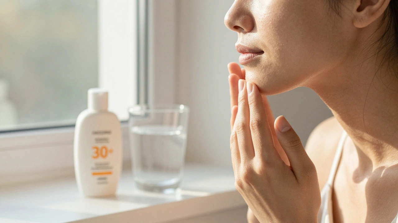 Человек ухаживает за кожей после успешного лечения акне, лицо чистое и сияющее.