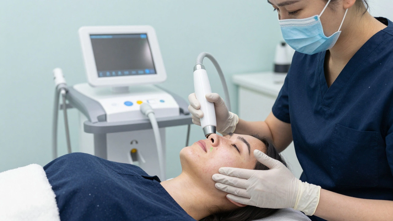 Дерматолог использует фракционный лазер для лечения атрофических рубцов на лице пациента.