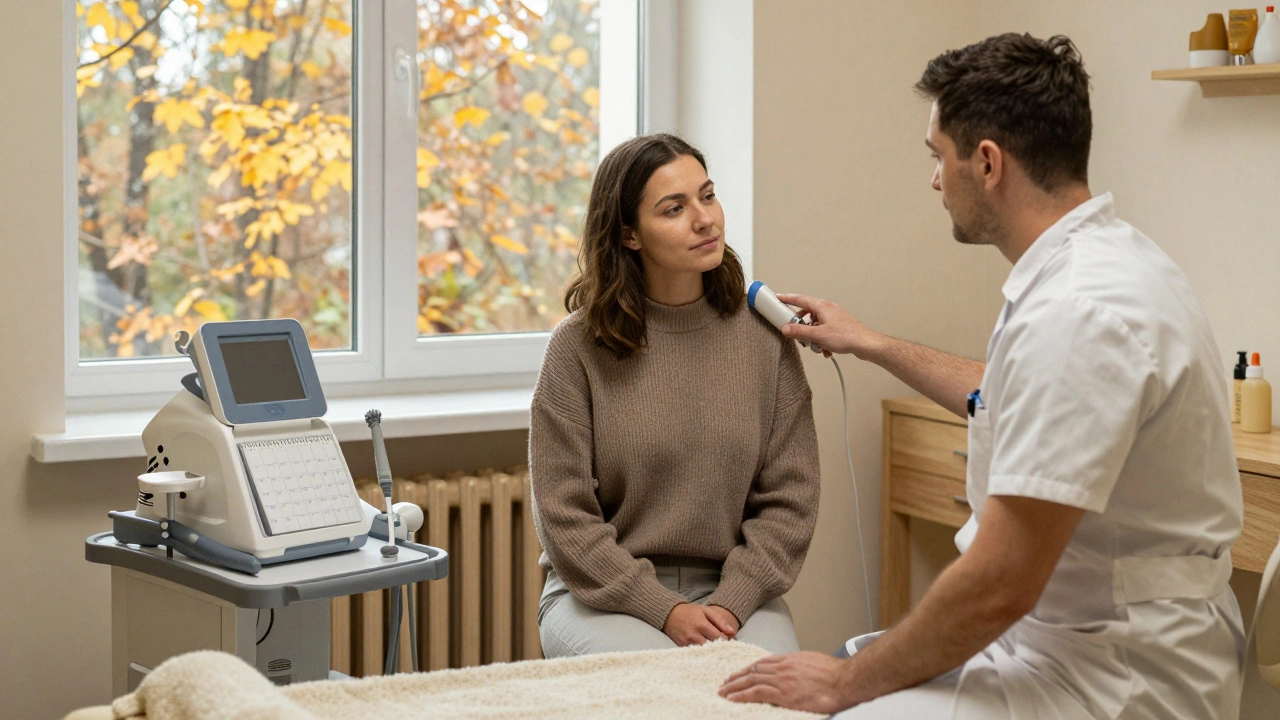 Дерматолог консультирует пациента в клинике в осенний день, рядом — лазерное оборудование и календарь с записями процедур.