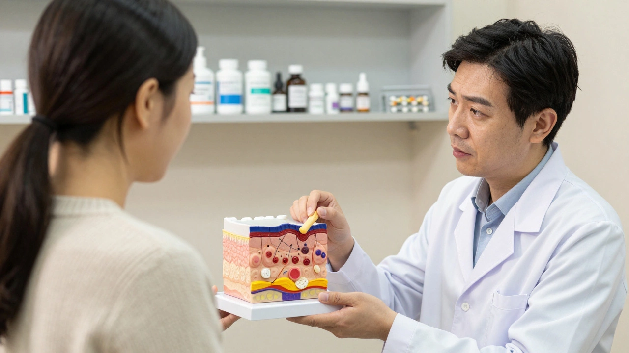 Дерматолог объясняет пациентке анатомию кожи с помощью модели, на полке — лекарства от акне.
