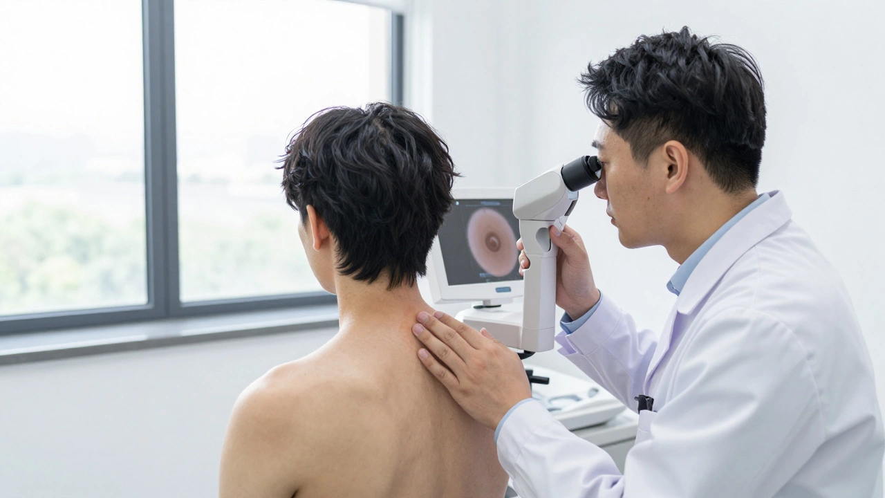 Дерматолог осматривает кожу пациента с помощью дерматоскопа в современной клинике.