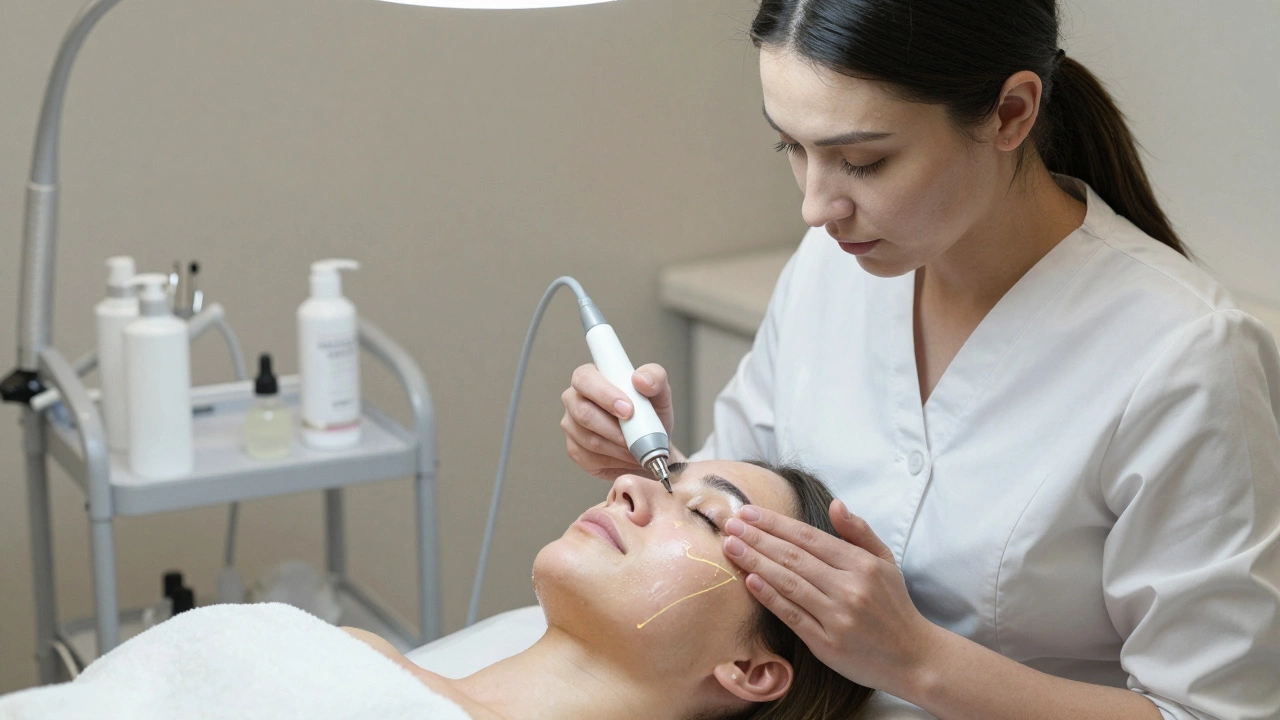 Косметолог применяет ионофорез для увлажнения сухой кожи лица.