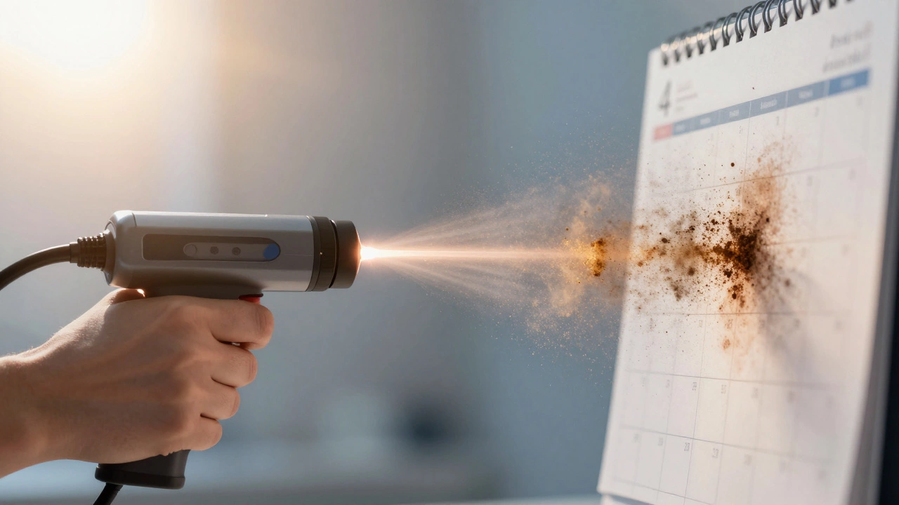 Лазер удаляет пигментные частицы, превращая их в золотистую пыль.