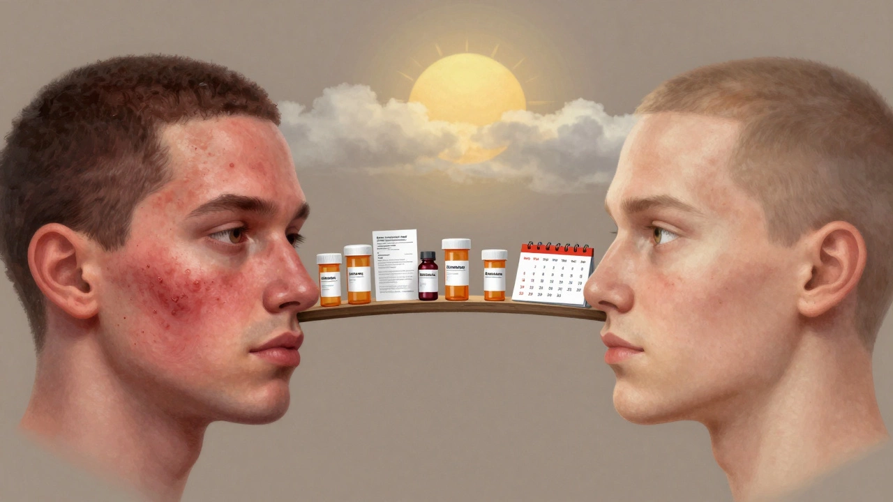 Лицо постепенно очищается от акне к чистой коже, посередине — путь лечения через лекарства и время.