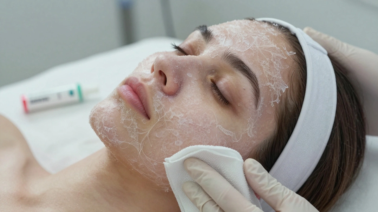 Лицо с тонкими корочками на 6-й день восстановления после среднего лазерного воздействия, мягкая ткань прикасается к коже.