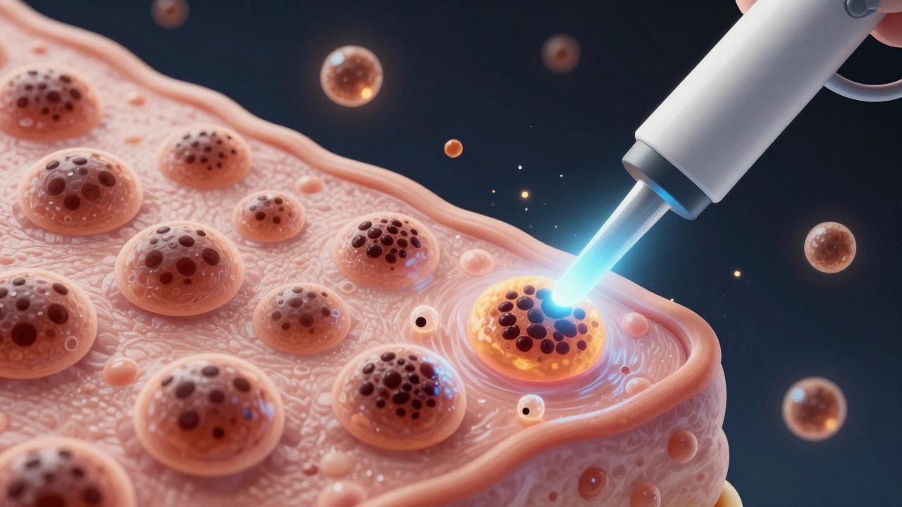 Микроскопическое изображение клеток кожи: меланоциты выделяют пигмент, лазер уничтожает избыток меланина.