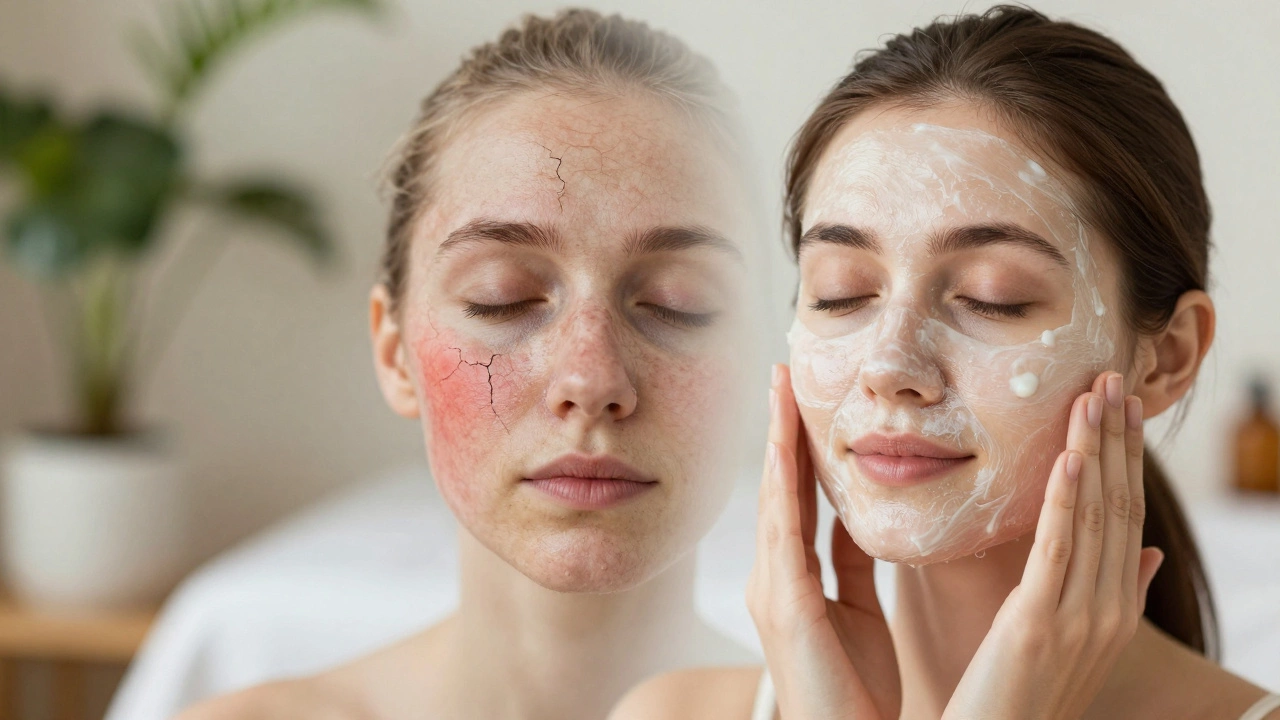 Рука наносит ферментную маску: слева — поврежденная кожа, справа — увлажненная и сияющая.