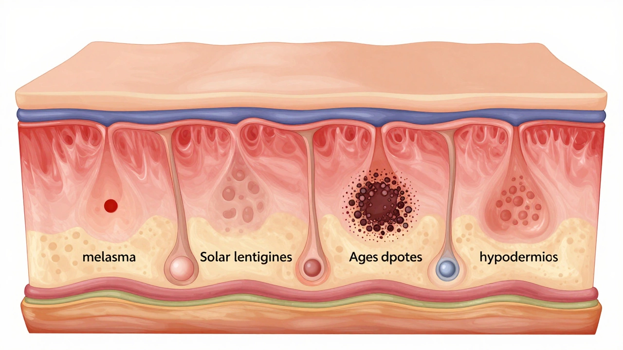 Схема кожи с разными типами пигментации на разных уровнях.