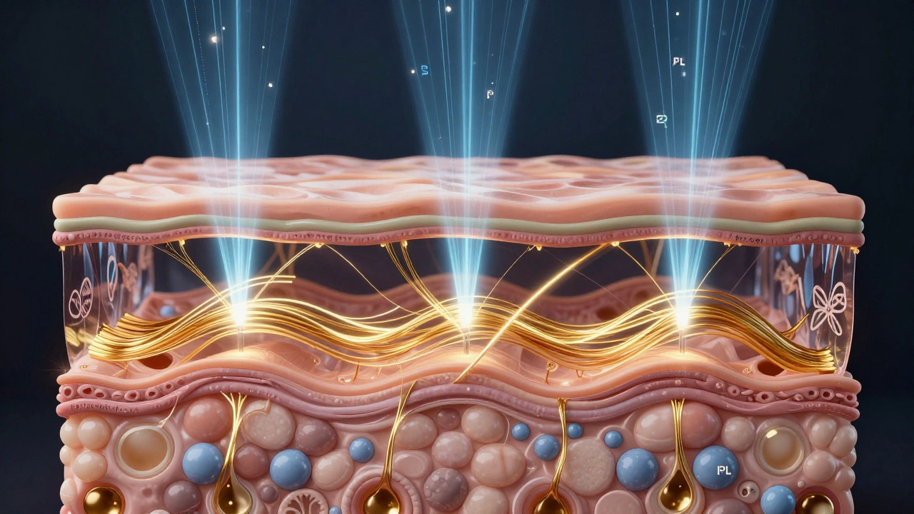 Схематичное изображение кожи с лазерными лучами, стимулирующими выработку коллагена в глубоких слоях.