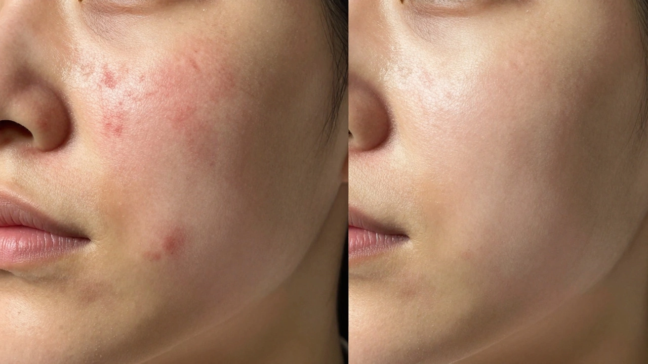 Сравнение состояния кожи до и после лечения следов от прыщей: слева — поврежденная кожа, справа — восстановленная.