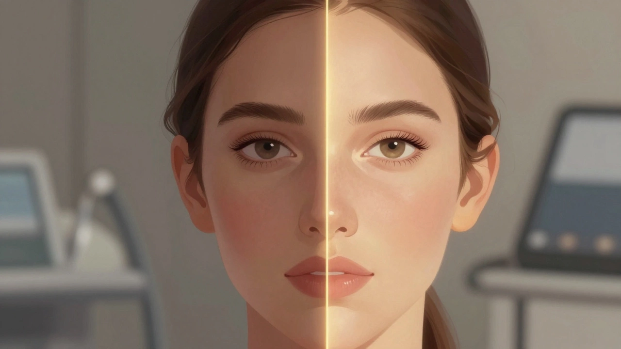 Сравнение тусклой кожи и омоложенной кожи после эстетических процедур.