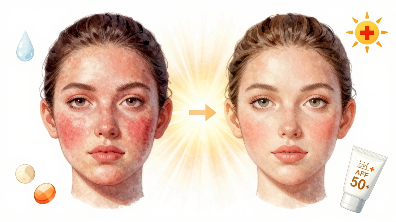 Сравнение восстановления кожи: слева — покраснение и отек, справа — гладкая кожа, символизирующее 14-дневное заживление после глубокого лазера.