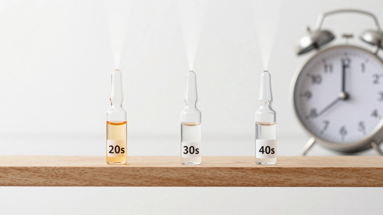 Три флакона с активными ингредиентами для ухода за кожей в 20, 30 и 40 лет на деревянной полке.