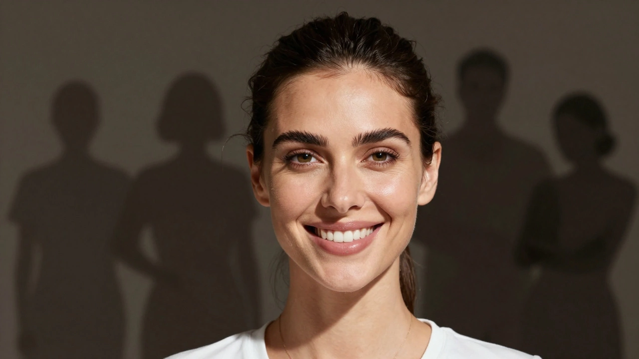 Женщина с естественно улучшенной кожей и бровями, стоящая на фоне теней небезопасных методов.