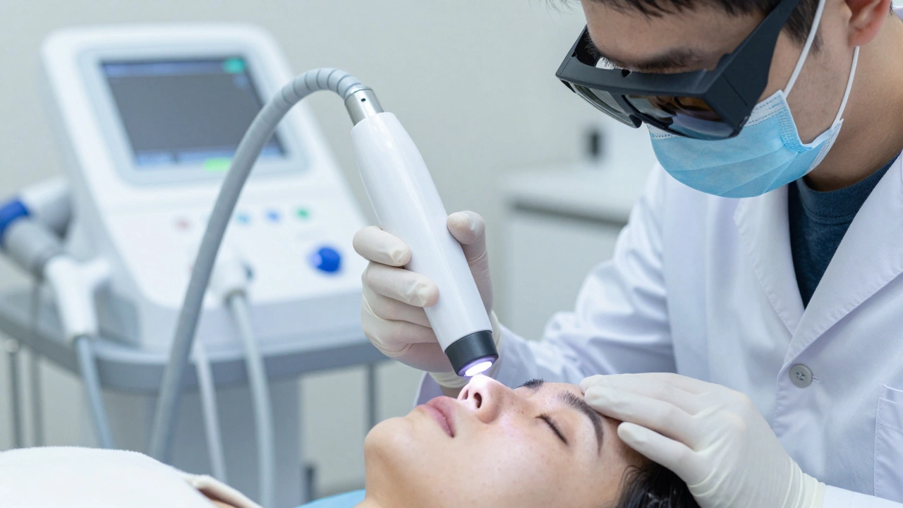 Дерматолог проводит лазерную процедуру для удаления пигментации на лице пациента.