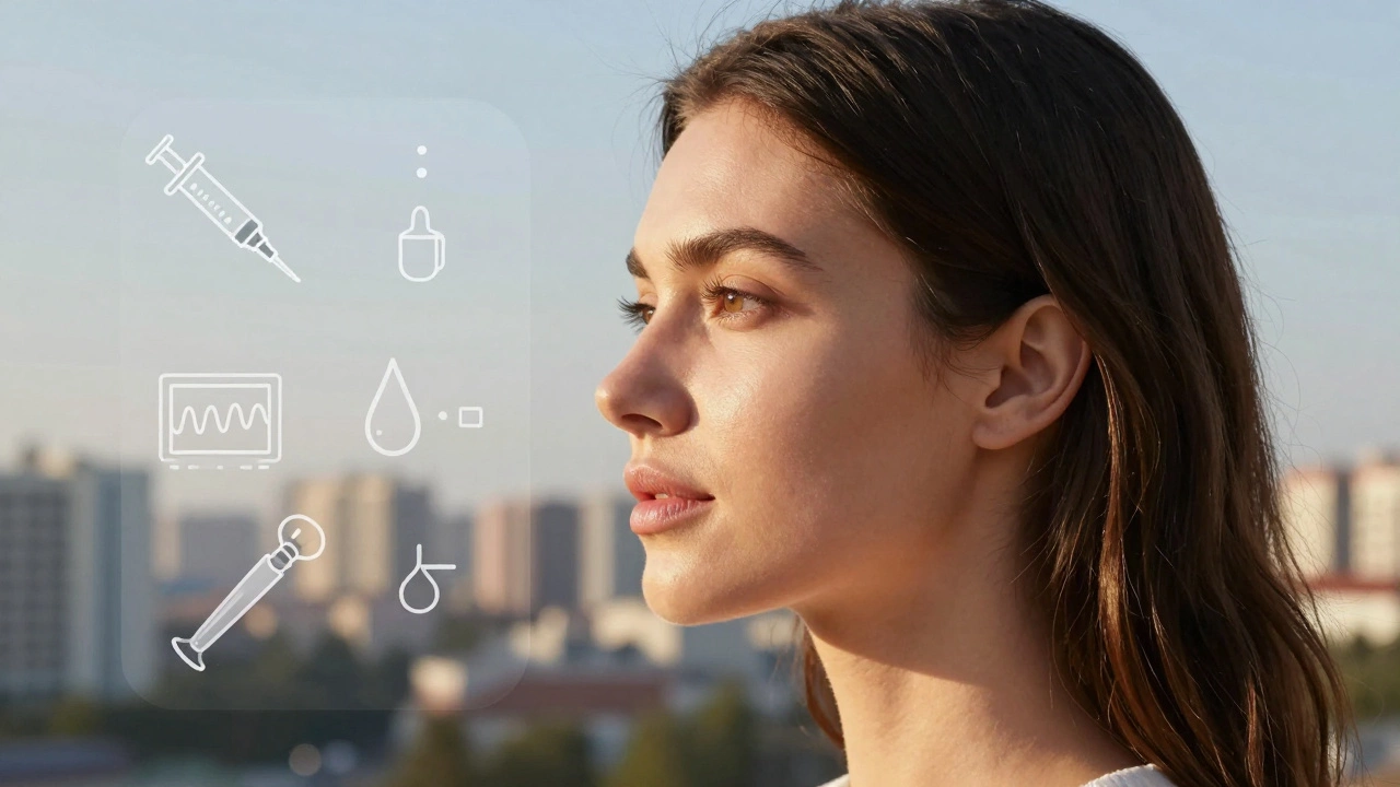 Естественное омоложение лица женщины с визуализацией технологий: лазер, ультразвук, криолиполиз на фоне заката.