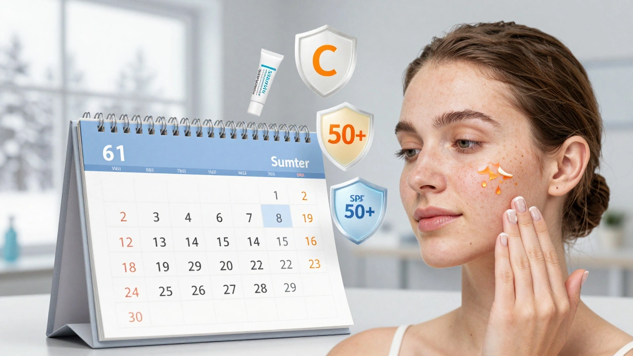 Календарь, переходящий от лета к зиме, с ежедневным нанесением солнцезащитного крема и средствами против пигментации.