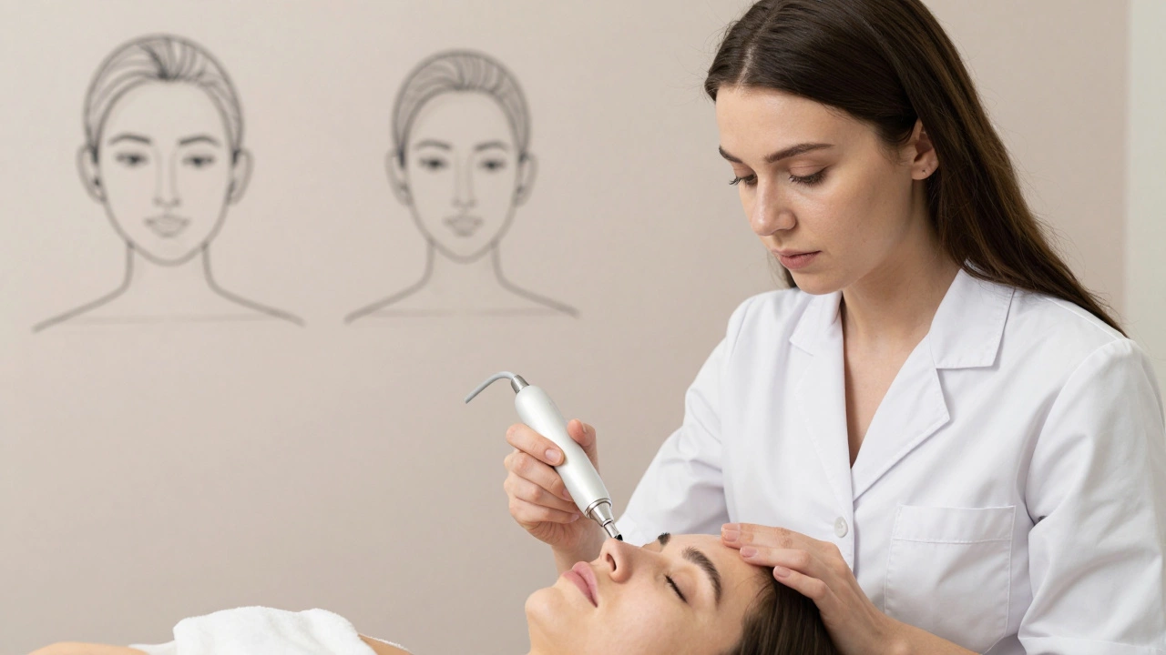 Косметолог внимательно анализирует лицо клиента с помощью мягких технологий, без инъекций.