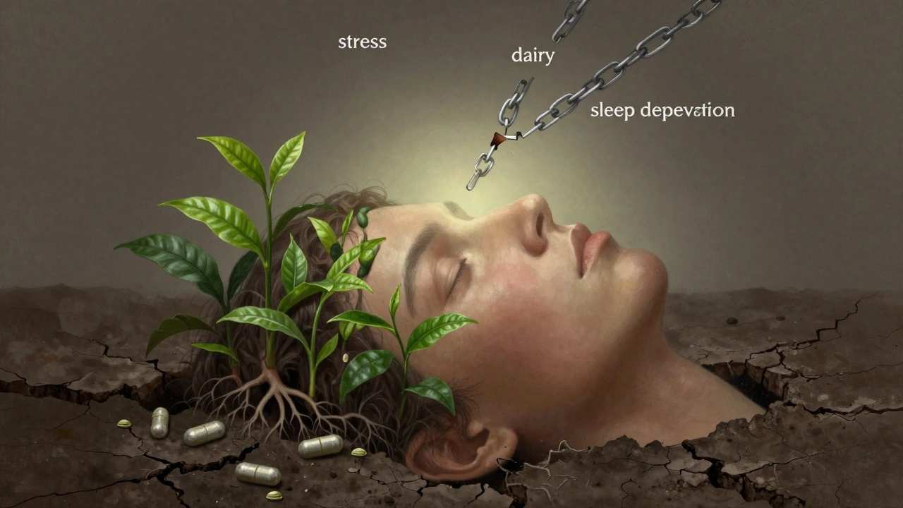 Лицо, прорастающее из земли корнями растений, символизирующее внутреннее исцеление от акне