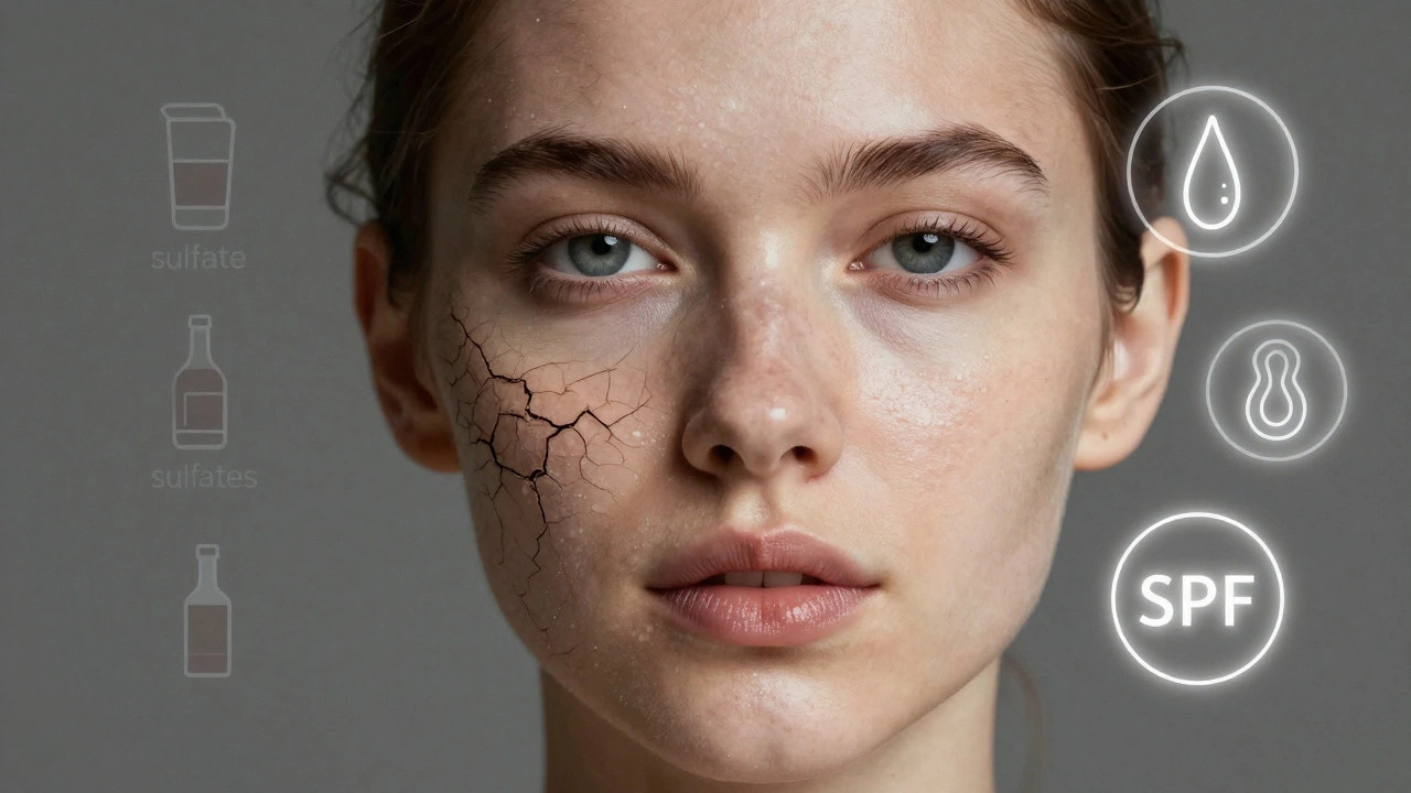 Лицо женщины, разделённое на две части: одна — тусклая и повреждённая, другая — сияющая и здоровая.