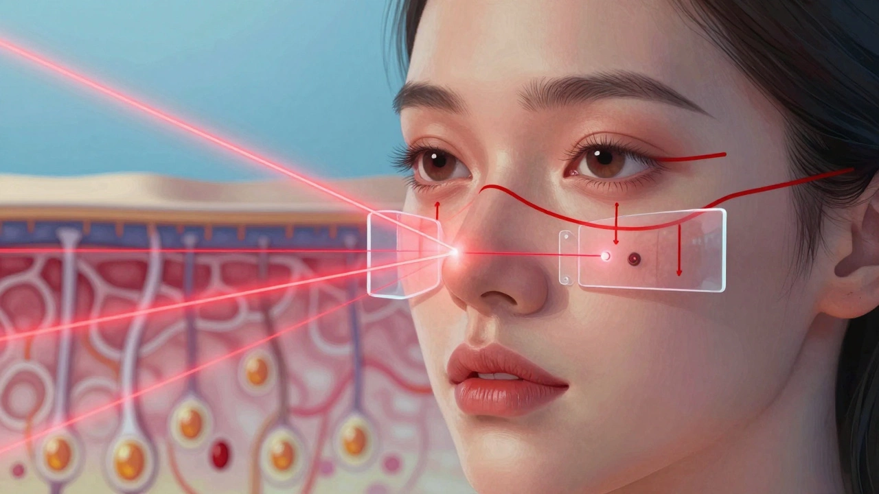 На лице человека красные линии отмечают запрещённые зоны для лазера, включая веки и родинку.